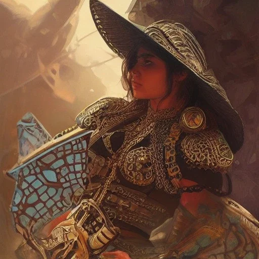 portrait,"Insanely detailed photograph of an armored gang of mariachi warriors", intricate chainmail charo, large colorful Sombrero,elegant cape, highly detailed D20, digital painting, artstation, concept art, smooth, sharp focus, illustration, art by artgerm and greg rutkowski and alphonse mucha, 8 k