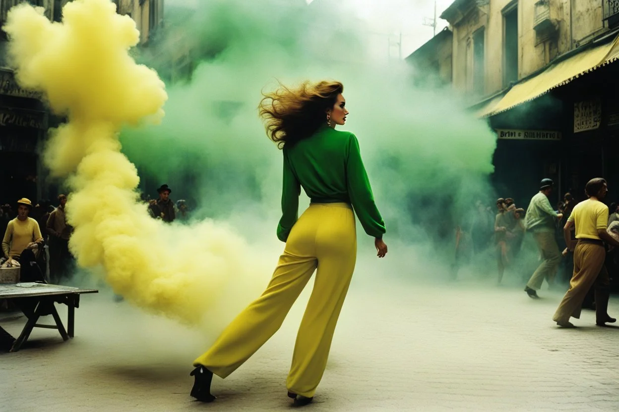 [iconic color photo by Helmut Newton] Her bended figure emerged from the chaos, surrounded by the swirling backdrop of yellow dust and billowing smoke that cloaked the attack in the bustling yellow market plaza. An Italian woman clad in plush green trousers and a worn velvet green pull-over, her back heaving with urgency, navigated the labyrinthine alleys with a grace born of desperation.