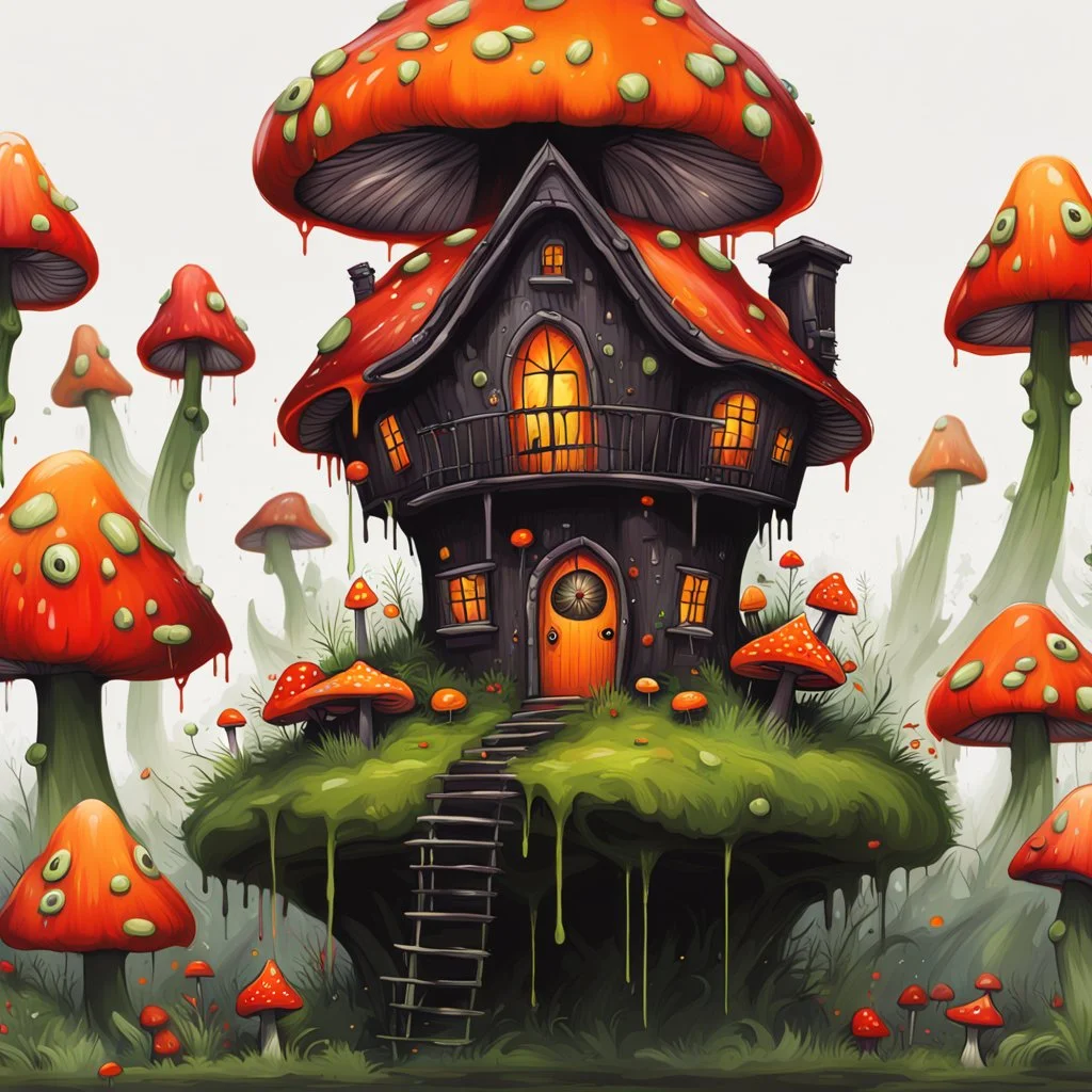 A weird mushroom house with drippy spots and eyeballs on a floating island. black orange red green Detailed gloss Painting, rich color, fantastical, intricate detail, splash screen, hyperdetailed, insane depth, concept art, 8k resolution, trendi