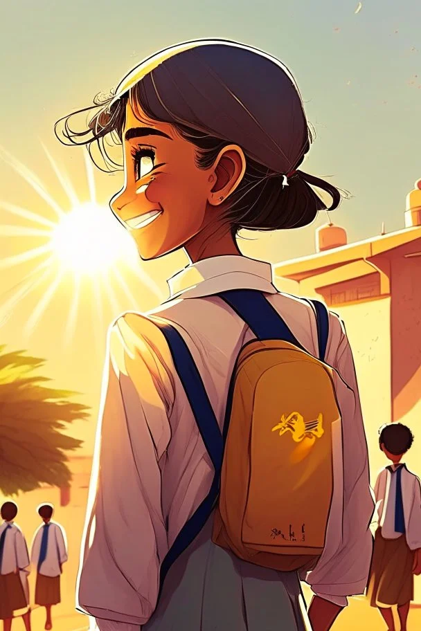 School student, school uniform, Omani, smiling slightly, from behind, school, students, morning, sun,cartoon