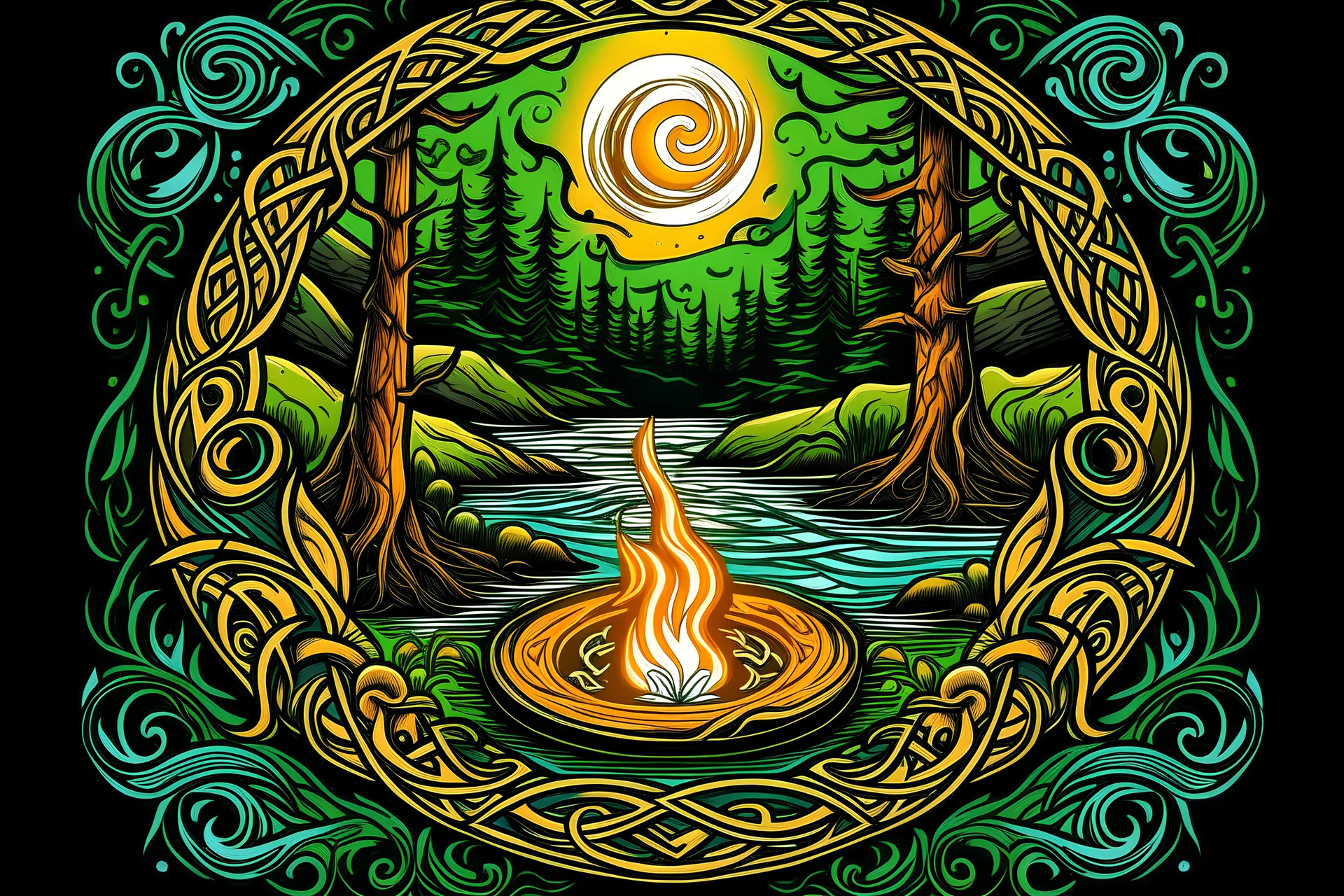 celtic lagerfeuer fluss wald