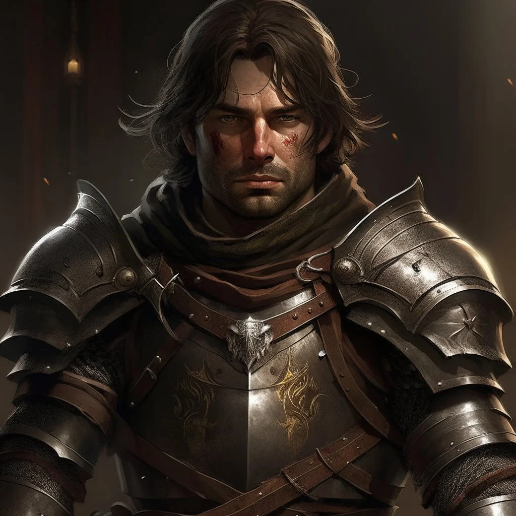 a rugged and determined knight with scars of battle etched across his weathered face, stands tall amidst the chaos of a medieval world. With dark brown hair falling to his shoulders and hazel eyes reflecting both determination and compassion, he is a master swordsman on a quest for vengeance and justice. Dressed in practical leather armor and wielding his broadsword with expert proficiency, Cedric's journey is marked by loss, survival, and the pursuit of honor in a world torn apart by conflict.