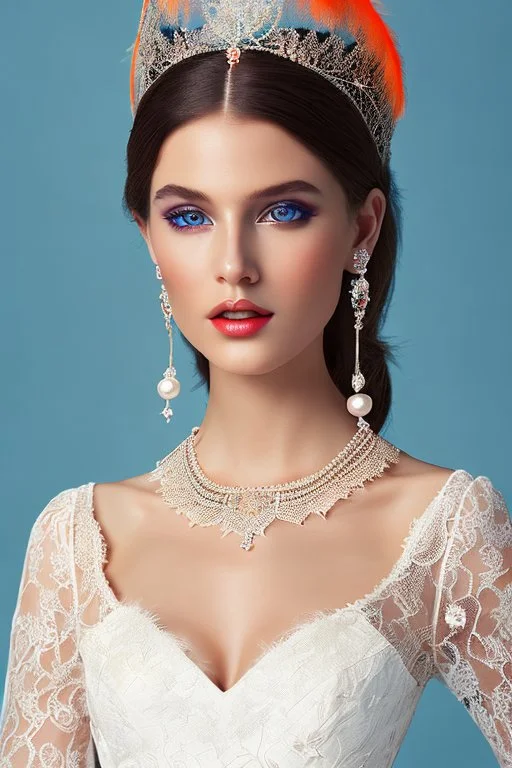 full body beautiful girl, elegant orange,lace clothes of the 80s, luxury style, small elegant hat with feather, hair of the 80s, pearl necklace, earrings masterful, beautiful face,blue backdrop