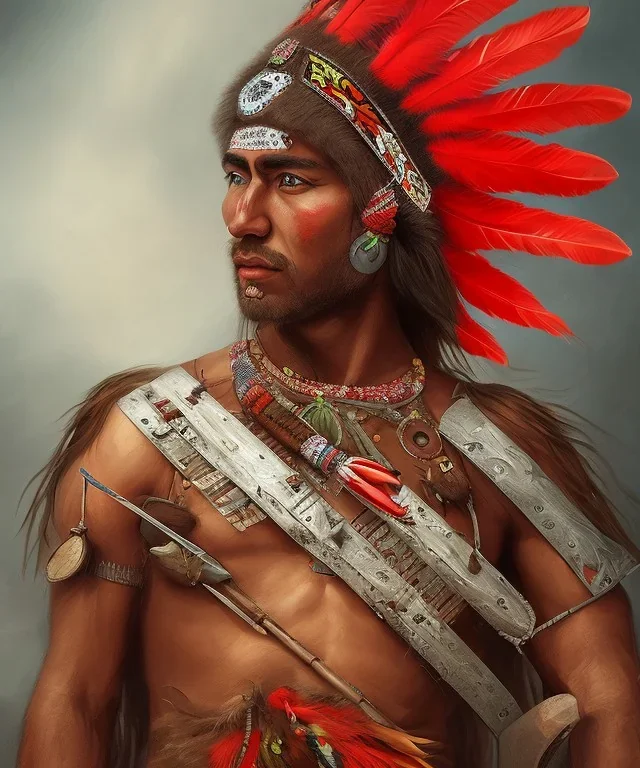 Guaicaipuro, native south american face, Muscular warrior, three red feathers headdress, holding spear