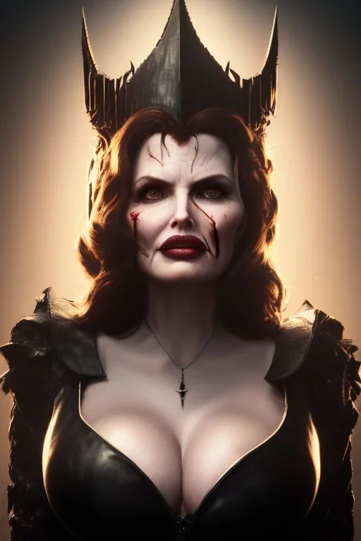 Geena Davis as evil queen in black leather, leather, busty, cleavage, angry, rage, stern look. character design by cory loftis, fenghua zhong, ryohei hase, ismail inceoglu and ruan jia. unreal engine 5, artistic lighting, highly detailed, photorealistic, fantasy