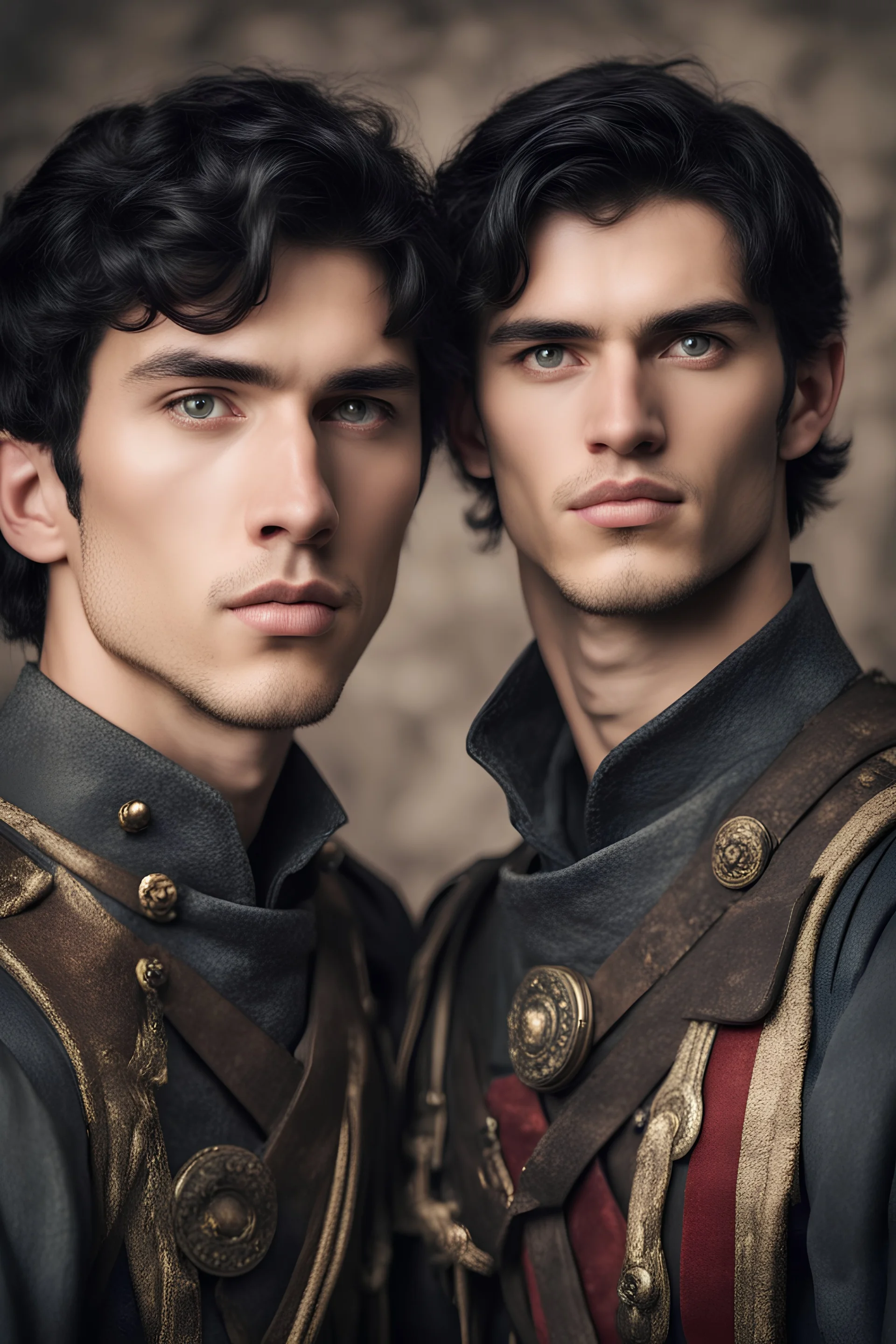 two male friends of twenty-three years old, with hazel eyes, black hair, dressed in epic ancient military uniforms.