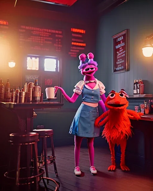 Pub scene, hybrid character, waitress woman with monster muppet mask that covers her entire head, retro style, Sesame Street style, smooth, unreal engine 5, god lights, ray tracing, RTX, lumen lighting, ultra detail, volumetric lighting, 3d.