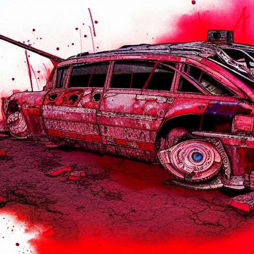  line Art coloured, destroyed, post apocalyptic, darkred tones,