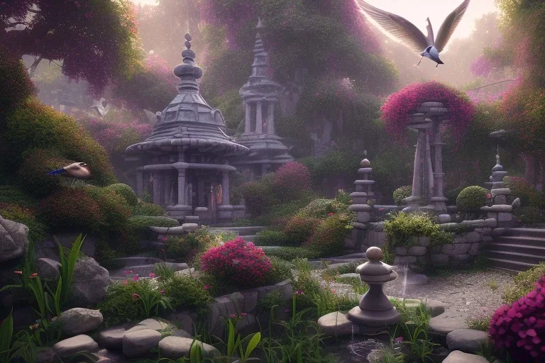 beautiful hyperrealistic secret flower garden in the middle of temple ruins, water fountain, birds flying, highly detailed, digital painting, trending artstation, concept art, illustration, cinematic lighting, vibrant colors, photorealism, epic, octane render