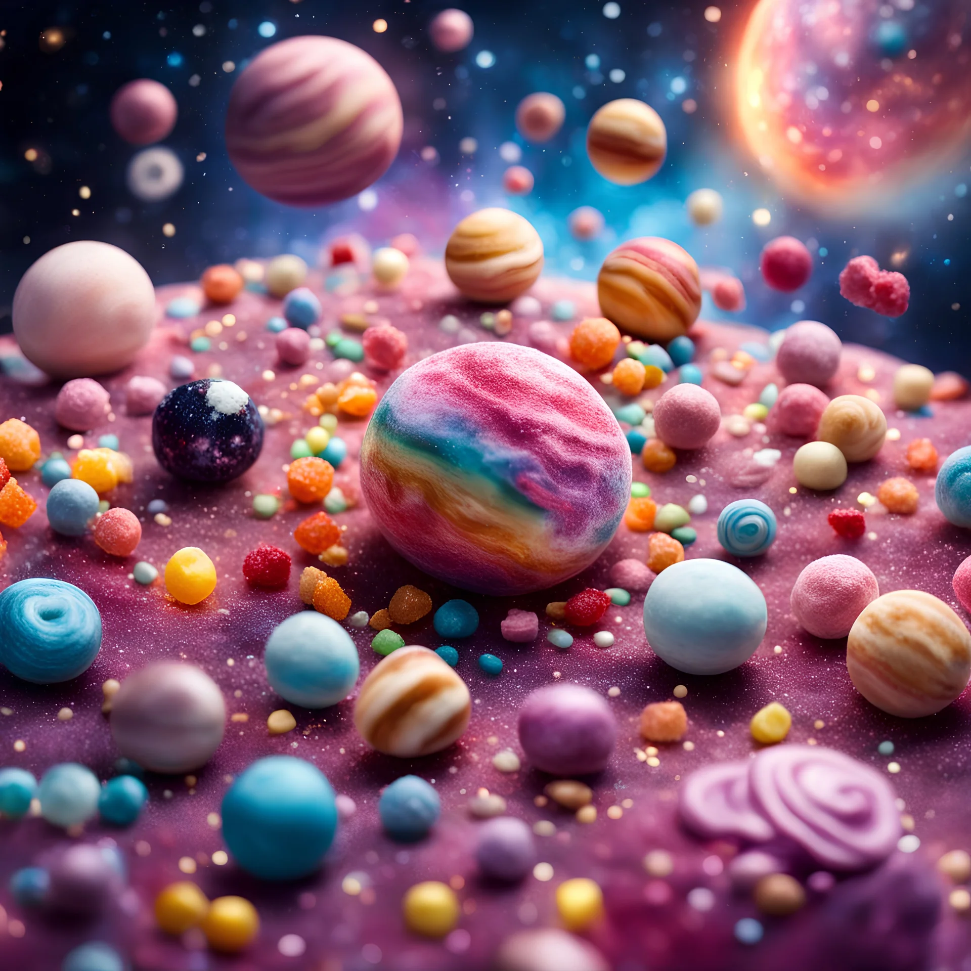complex solar system with planets made of sweets, candies, cotton candy, gummy candy, nebula and constellations in background, sharp focus, high contrast, bright vibrant colors, cinematic masterpiece, shallow depth of field, bokeh, sparks, glitter, 16k resolution, photorealistic, intricate details, dramatic natural lighting
