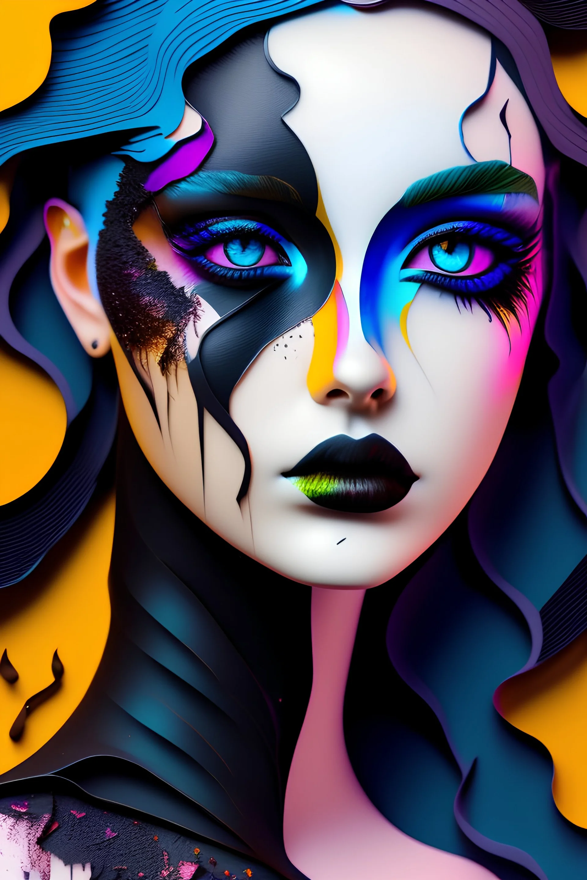 papercut 3d portrait of young woman, fantasy, beautiful, dark eyes, dark make up, streaks of paint, paint blobs and smears, paint powder, textured, oil paints, papercut, UHD, octane render, 8k, depth of field, 3d
