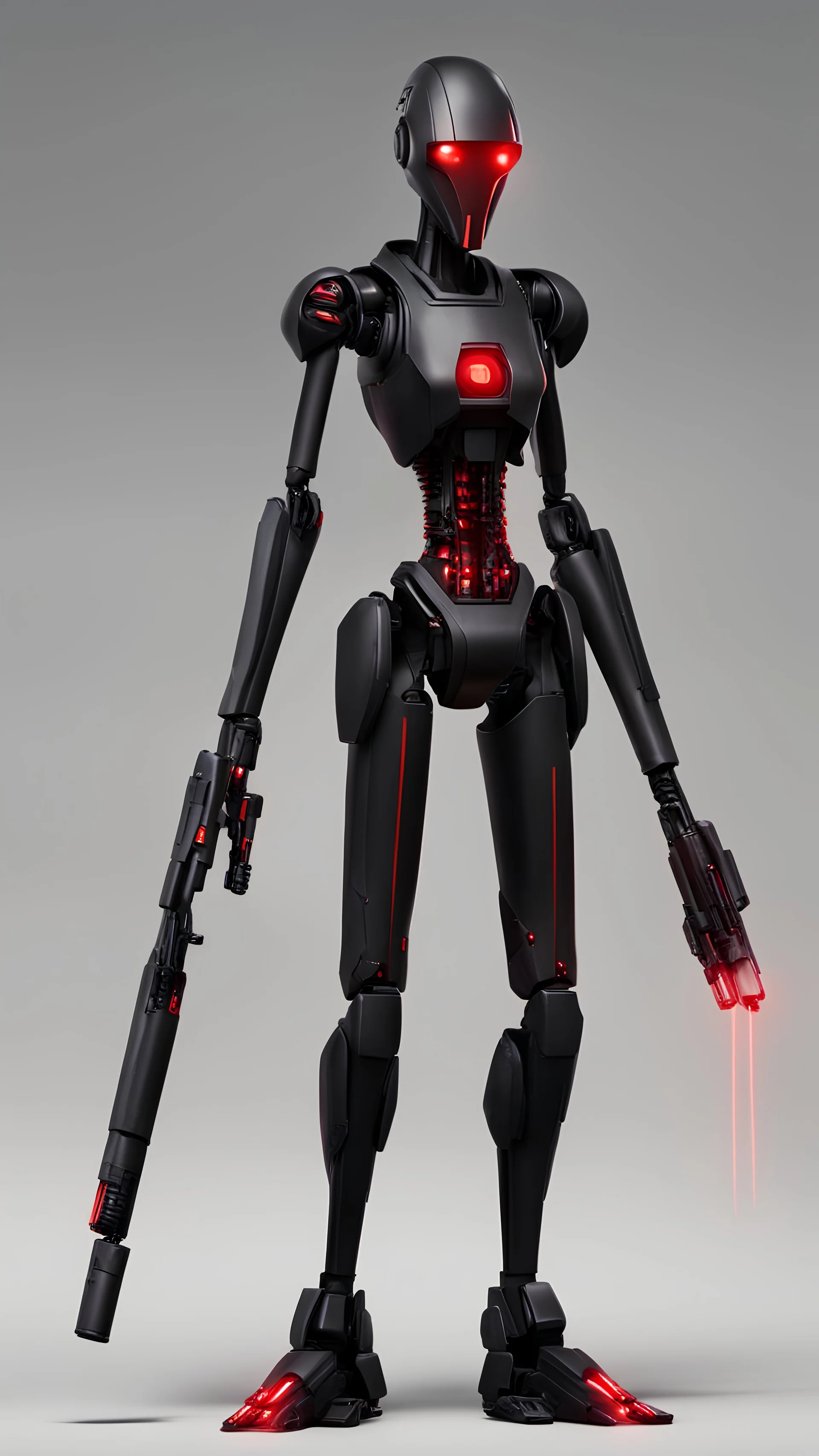 A B1 battle droid, feminine in appearance and athletic in figure. Her body is robotic and presents a feminine figure. The color of its body is black with red parts. He holds a laser submachine gun in his hands and has a black hooded cape as clothing.