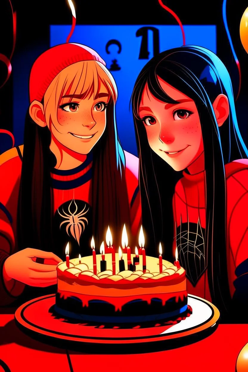 spiderman into the spider verse tarzı 17 yazan mum ile doğum günü kutlayan 2 kız birinin saçı kısa karakterlerin görüneceği kadar aydınlık soldaki kızın saçı daha kısa yüz ifadeleri değişsin çizgi roman tarzı gölgelendirme yüz ifadeleri değişsin sadece 2 kişi pasta ortalansın yüz ifadeleri değişsin sadece iki kız