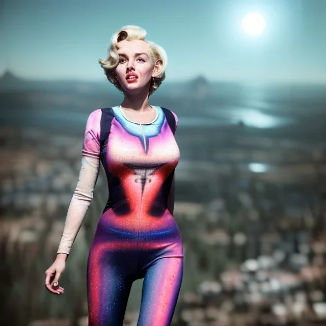 Realistic image, retro sci-fi, portrait, waist up view, blonde woman, sweet Marylin Monroe face, perfect iris, glow eyes. tight lycra tights suit, epic style, vibrant color, highly detailed, unreal engine 5, ray tracing, RTX, lumen lighting, ultra detail, volumetric lighting, 3d, finely drawn, high definition, high resolution.