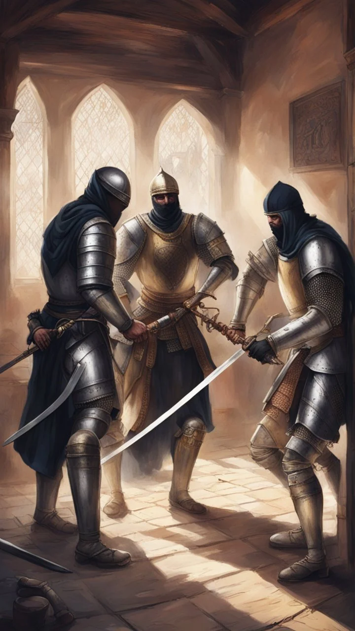 A group of Muslim knights kill a knight with a sword, inside his house