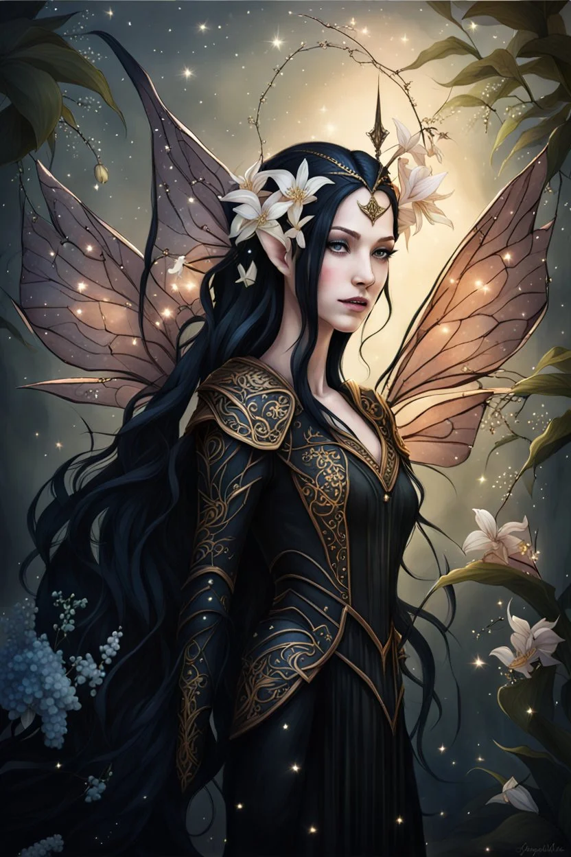 Peach hair ,Hydrangea,orchids,lilies of the valley,night,peachy hair,rapunzel hair,elven crown,dragonflies,pointed ears,elven ears,dark fairy princess,sparkle,,dark gold armour,fairy wings,,night stars