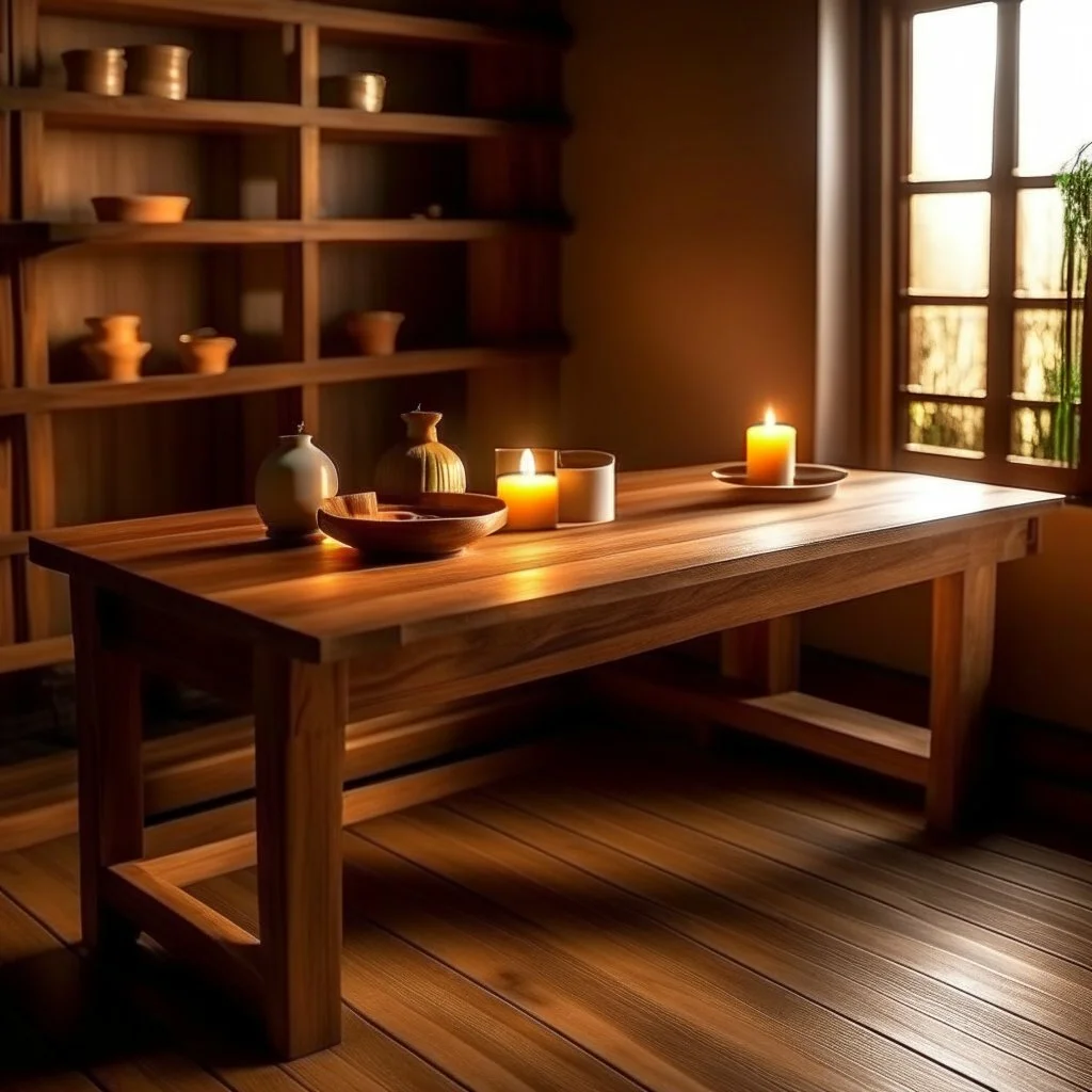 Generate an image of a table with wooden shelves and a warm, inviting atmosphere. The table should be well-lit with soft, natural lighting The background should be slightly blurred.