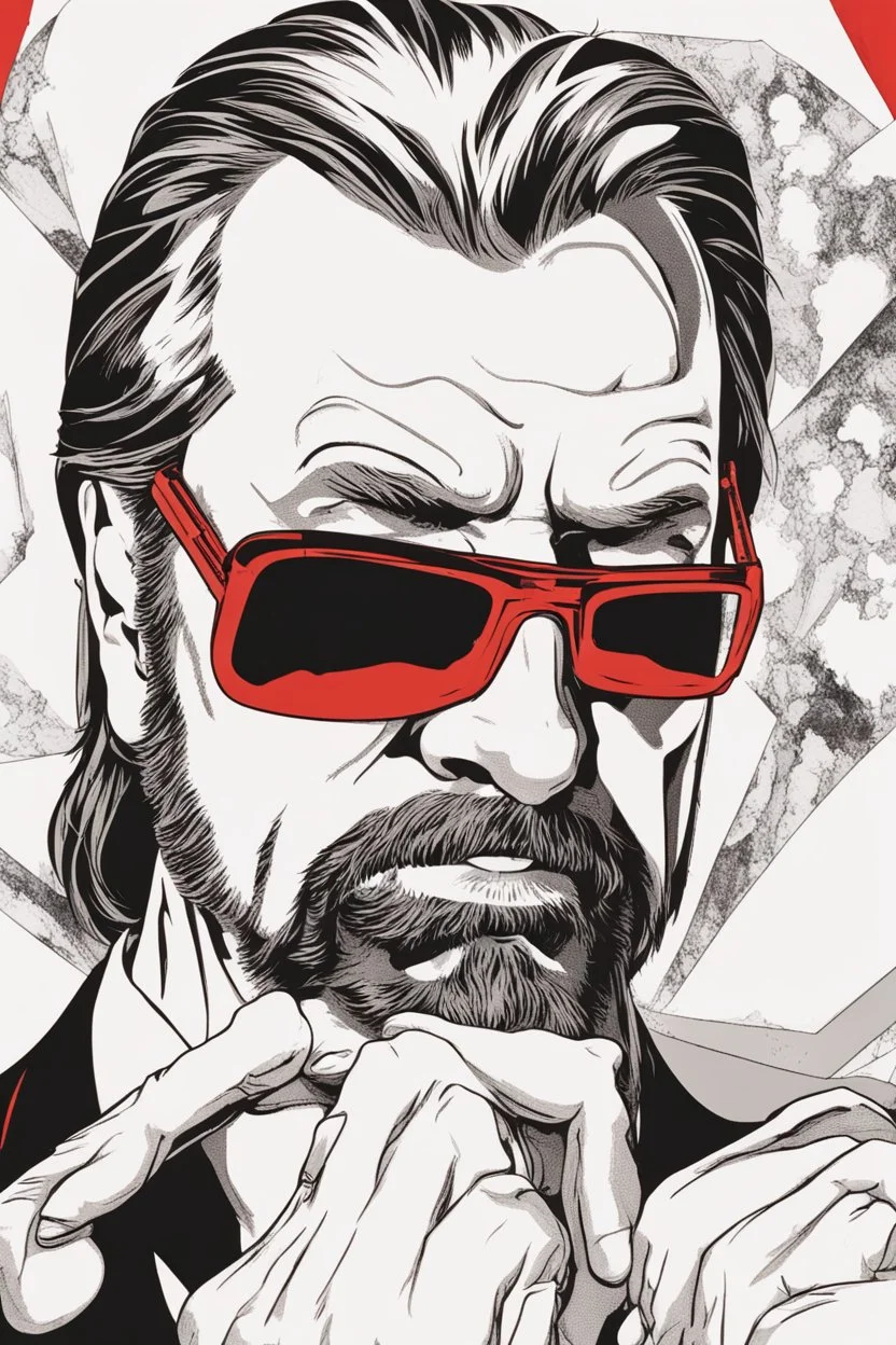 an disgusted and menacing Hans Gruber wearing red-tinted glasses