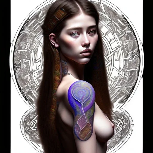 Dibujo de cuerpo entero de Sarah McDaniel Tribal celta bella pintada con tatuajes bella con estilo de Artemisia Gentileschi