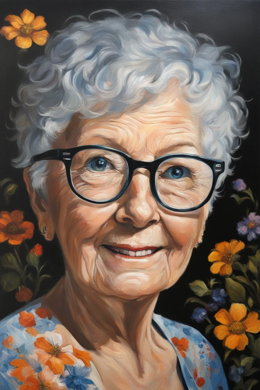 Oil paint on canvas, chiaroscuro, deep shadows, masterpiece, happy, 2020 caught off guard, 79-year-old Phyllis Kendall, short pixie-cut, shag-cut straight, dark salt and pepper hair, overweight, blue eyes, great big, round lensed eyeglasses, wearing a black, floral print, short-sleeved, pull-over shirt, dark blue sweatpants, sitting at the computer checking her emails