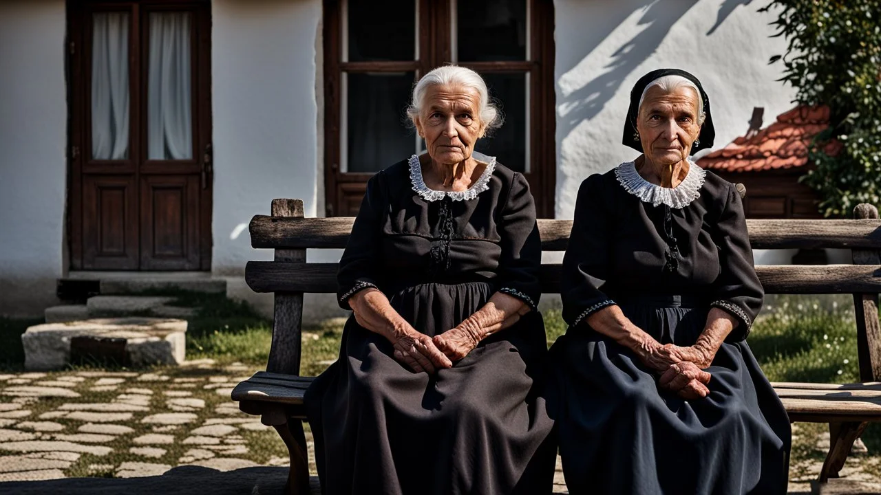 gloomy-looking old women sitting in black hungarian old villager dress and european black head scharf on wooden bench in front of white old house outside in an authentic east european ,hungarian village, high detalied, professional photo, high qualit, high textures. The high-resolution image captures the essence of authenticity and realism, transporting the viewer to another time and place.