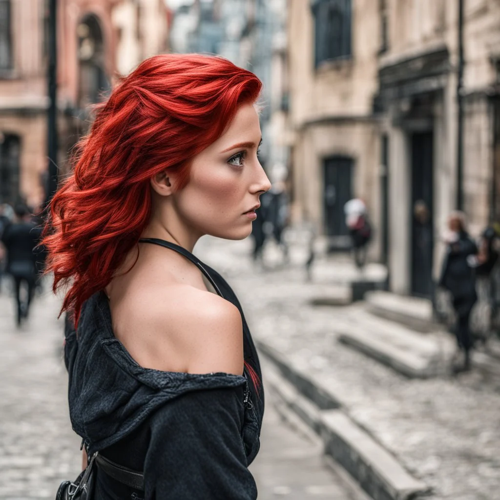 a girl with bright red hair, looking over her shoulder, scared, walking along a bust street