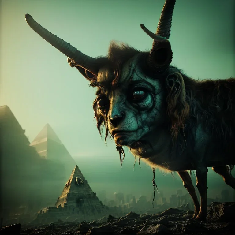 A portrait post-apocalypse of Baphomet ,pyramid,sin city,sci-fi fantasy style, volumetric lighting, particales,highly detailed,cinamatic,8k,3D,fire and black deep colours,ignore NSFW.