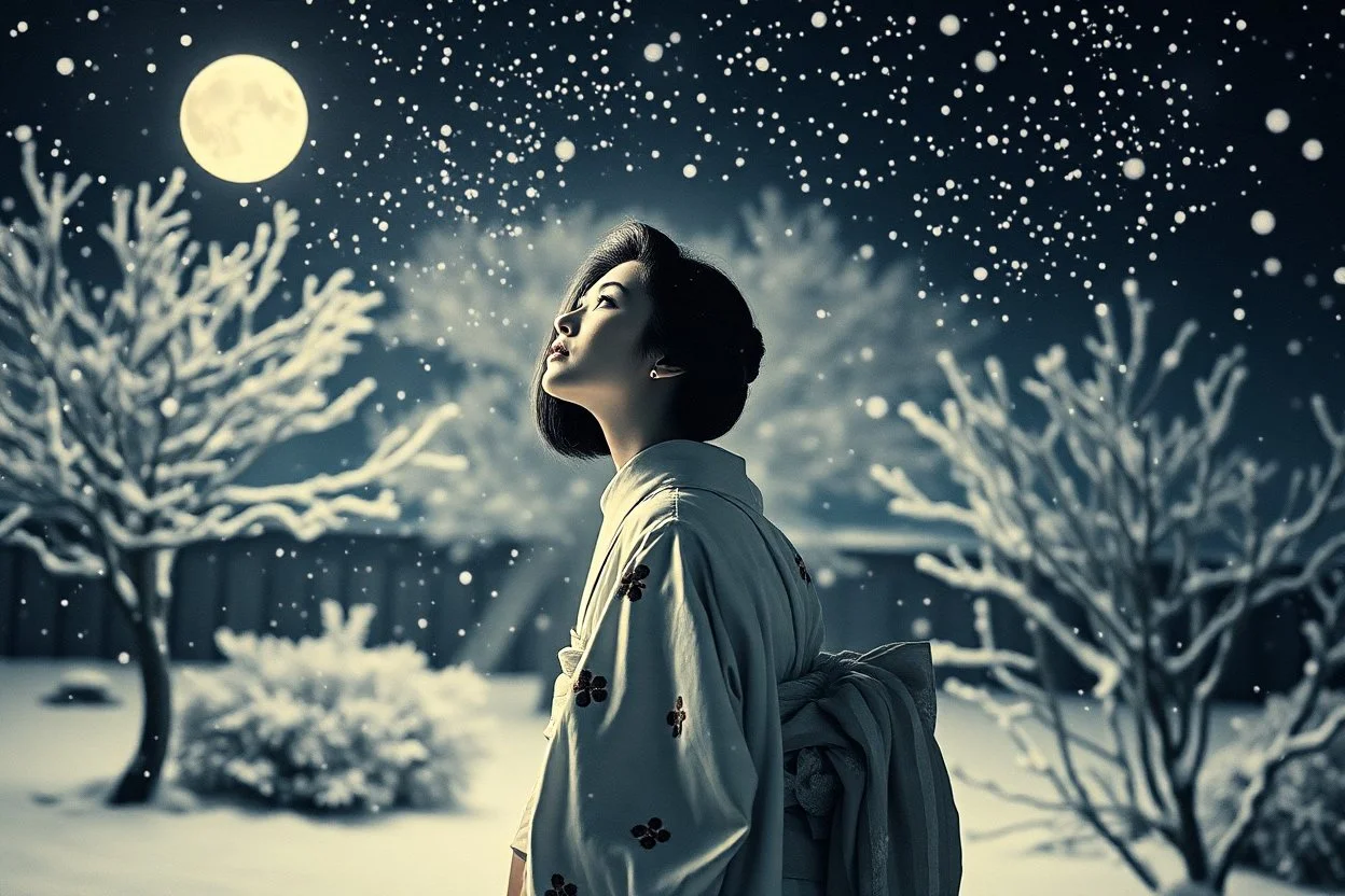 A Japanese woman in a silver and pale blue kimono embroidered with subtle plum blossoms stands in a snowy garden at night. Snowflakes fall around her. She lifts her face gently upward toward the moonlight and stars, her breath faint in the cold. Her silhouette glows softly in the hush of winter. Textured like ancient washi, with soft monochromatic tones and vintage treatment. --v 7 --style raw --ar 2:3 --q 2