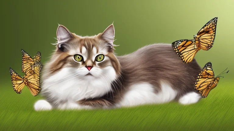 Funny cat in the grass with one butterfly