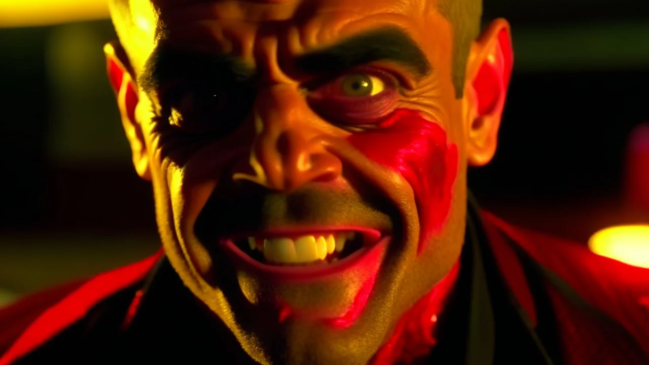 4K, ultra detail, ombres lumieres et reflets maximum, full realism. Robbie Williams in vampire smiling with blood on his teeth