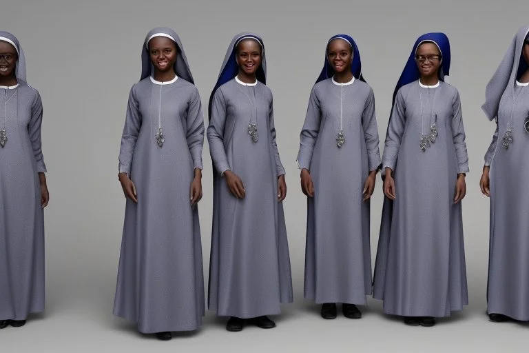 4 suore africane con tunica grigia figura intera sorrisi, visi armoniosi