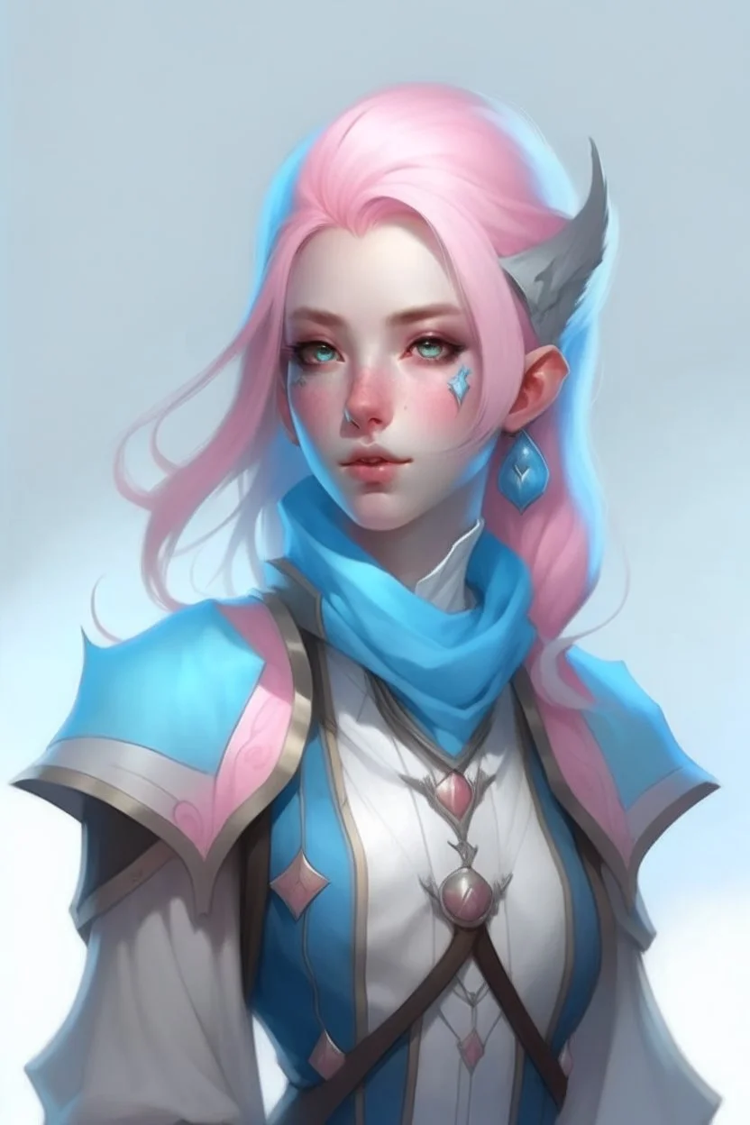 young female dnd air genasi cleric with pale blue skin and soft pink ombre hair