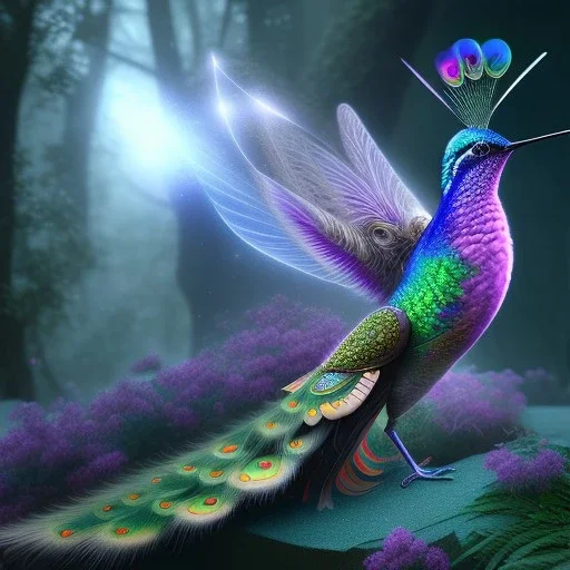 peacock, humming bird, fantasy art, Unreal Engine 5, lens macro,sharp focus, realistic, hyper detailed, studio lighting, neon light ambient, crystalized