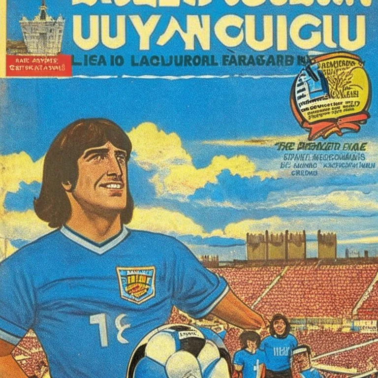 A 1980 medieval london comic cover of uruguayan sky-blue football magazine. At the street city, Monty Pyton. Estadio Centenario Montevideo. Rome.