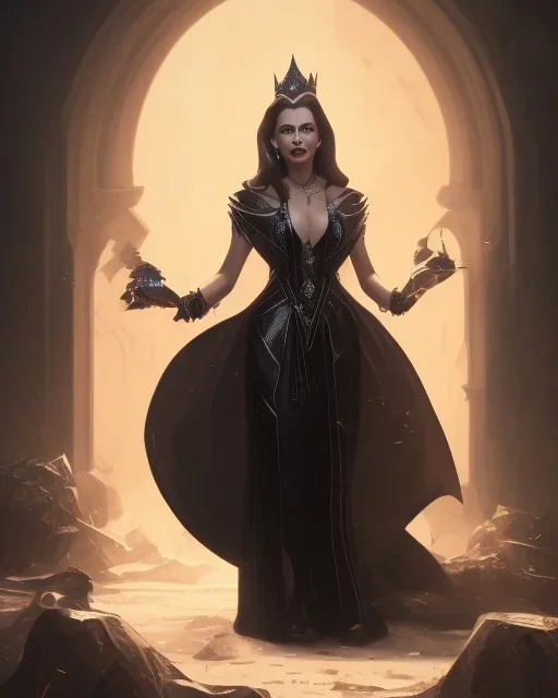 evil queen in black leather gown, busty, cleavage, angry, emperious, 8k resolution concept art portrait by Greg Rutkowski,