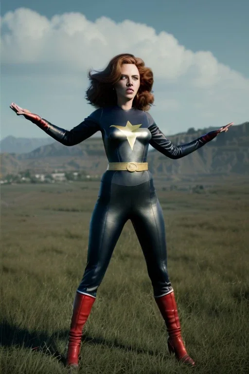 retro portrait image from 1960, sky background, wind, long red hair, fighting stance, sweet young Scarlett Johansson, black dress, classic long tight lycra black suit, gold bracelet and belt, high heel boots, superhero style, soft color, highly detailed, unreal engine 5, ray tracing, RTX, lumen lighting, ultra detail, volumetric lighting, 3d, finely drawn, high definition, high resolution.