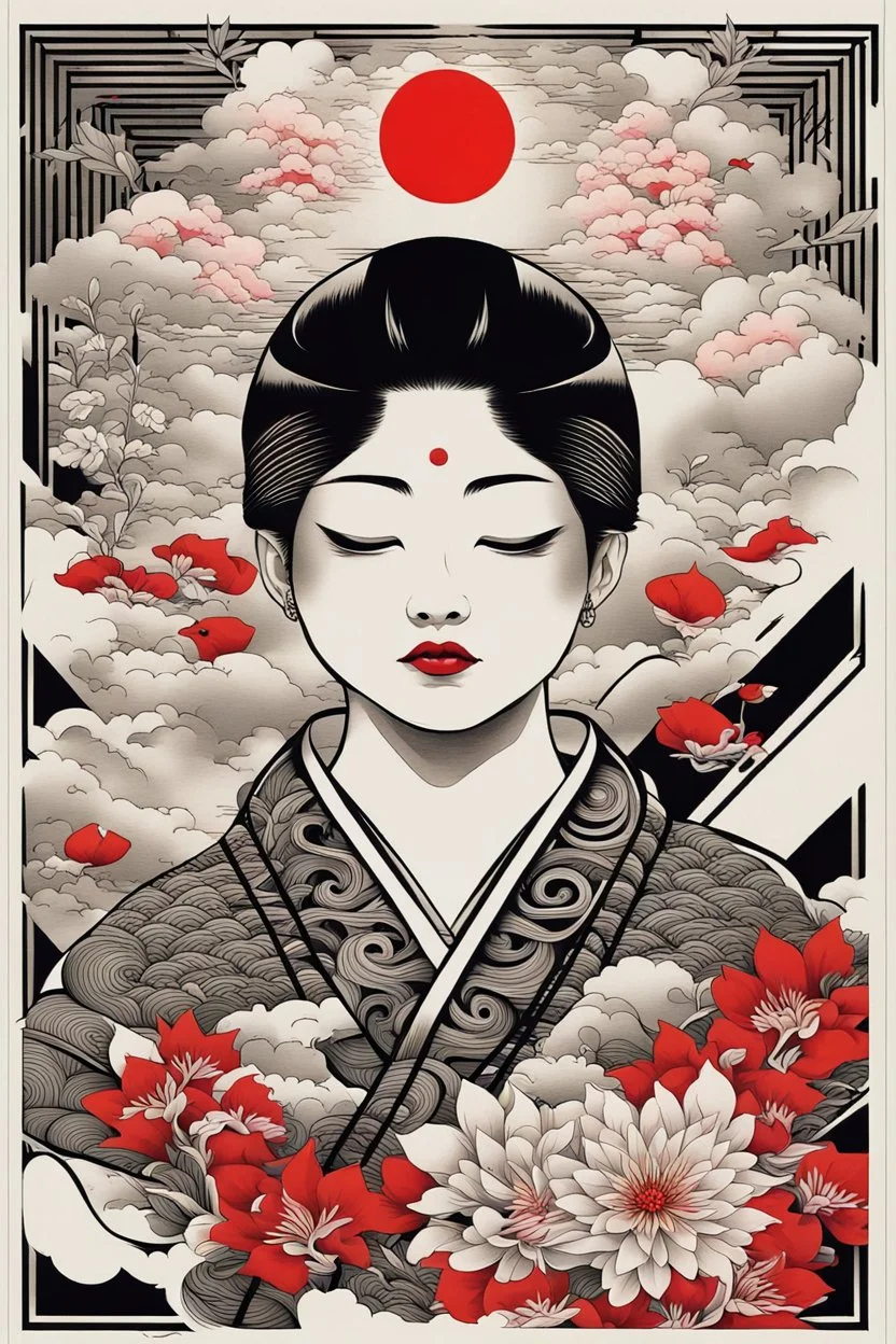 Create a captivating modern 2d colorfull ink Japanese tattoo design for print , using the elegant influences of japan art style, for print, dynamic elements from fashion and design, and bold Japanese art aesthetics, framing centered in the center, distanced from the edges of the paper perimeter, perfect anatomy, bauhaus, Divine Proportion,