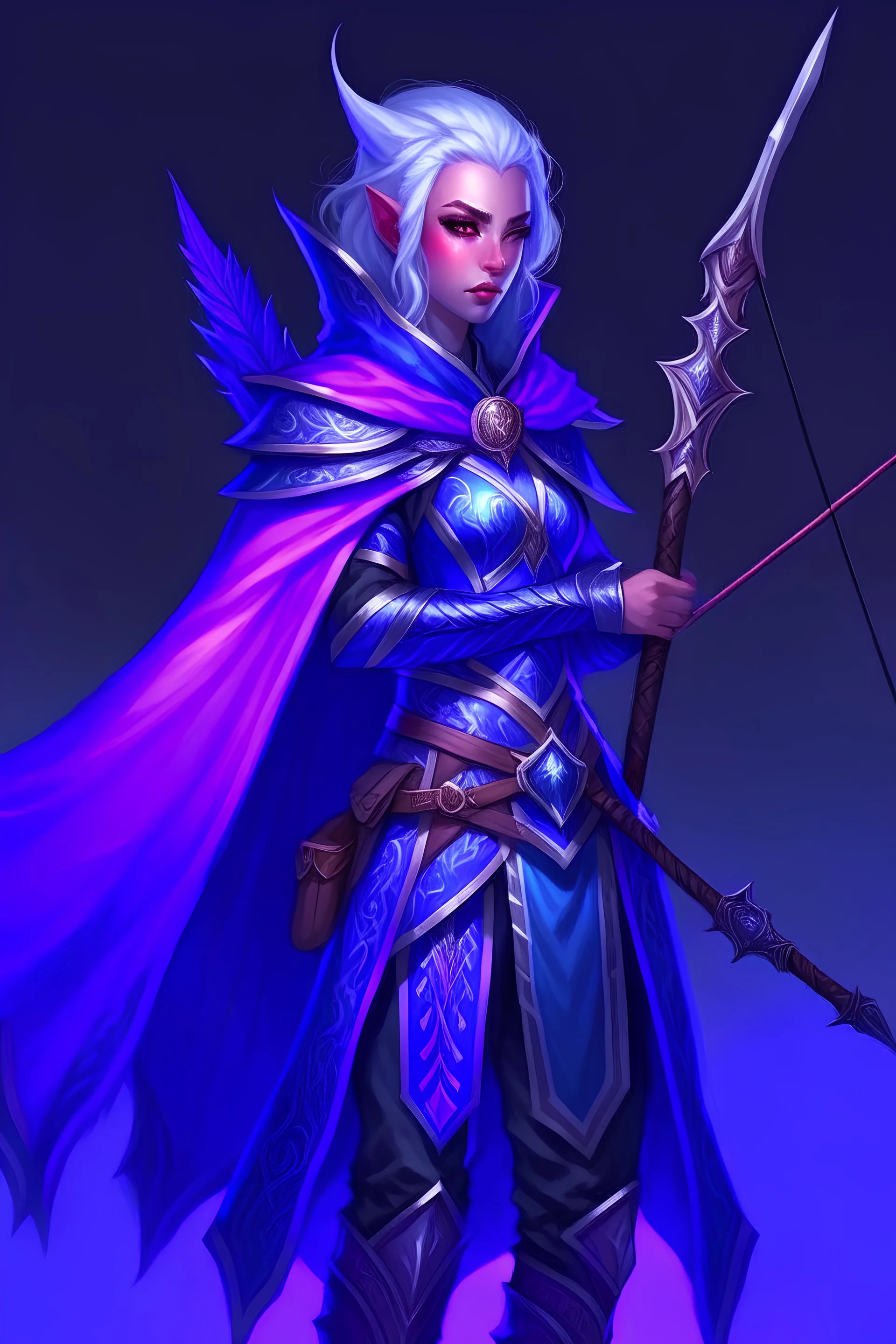 rogue moon elf, decorative cloak, blue skin, silver hair, purple eyes, amulet, blue fire, light ornate armor, long bow