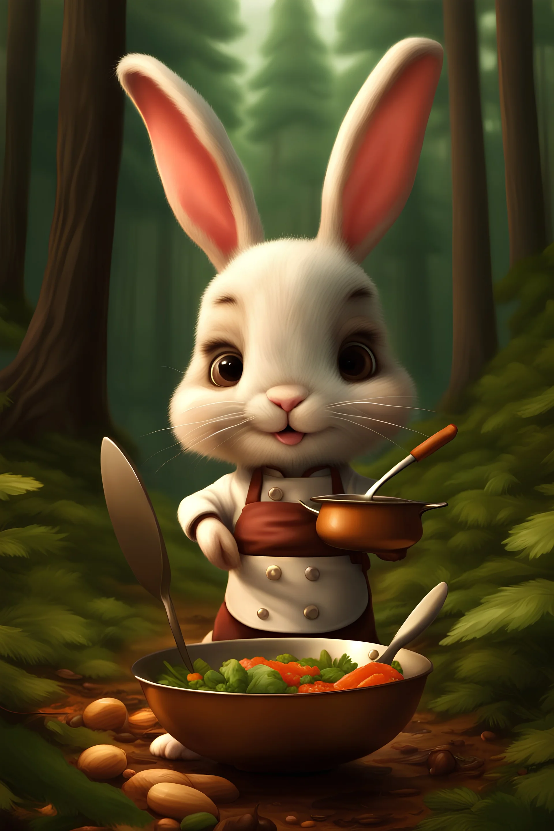 Cute bunny adventurer chef in a forest art realism