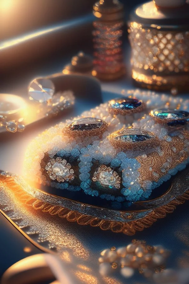 metallic sushi with gems and jewels on a lace blanket in a luxurious kitchen. sharp focus elegant extremely detailed intricate very attractive beautiful dynamic lighting fantastic view crisp quality exquisite detail in the sunshine