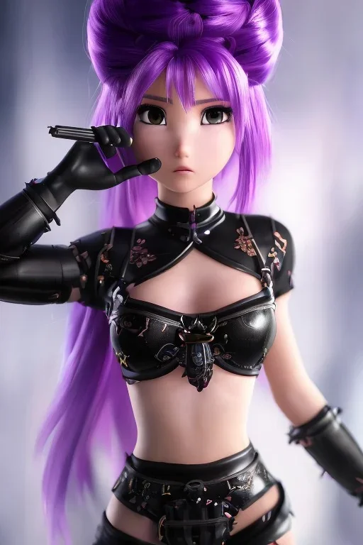 Detailed cute anime Kunoichi girl, purple hair buns, purple bangs, black latex bodysuit, intricate details, full body portrait, keep head in frame, slight smile, black Japanese motif, concept art, highly detailed, digital painting, concept art, sharp focus, illustration, art by Yoji Shinkawa, WLOP and greg rutkowski and alphonse mucha and artgerm and yanjun Chen and Junji ito and Makoto Shinkai, HDR, octane render