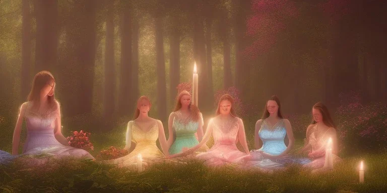 a group of woman in a cirle dressed in colourful dresses, meditating in a enchanted forest lit with candles, fotorealistic, high quality, landscape, 17