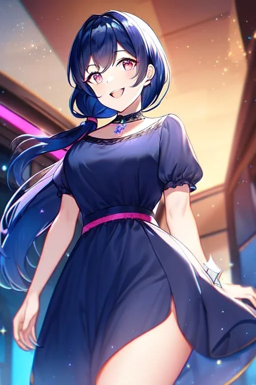 girl, masterpiece, best quality, cinematic lighting, detailed outfit, vibrant colors, perfect eyes, dark blue hair, pink eyes, long hair, low ponytail, dark blue dress, sparkle, depth of field, indoors, god rays, glowing light, ray tracing, laughing,