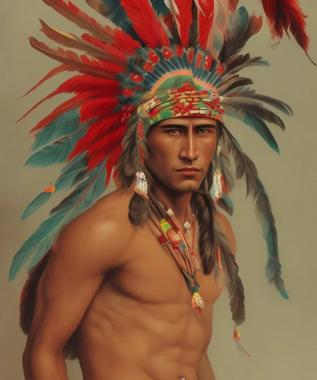 Guaicaipuro, native american god, 30 years old, Muscular warrior, red feathers headdress, shirtless, angry look