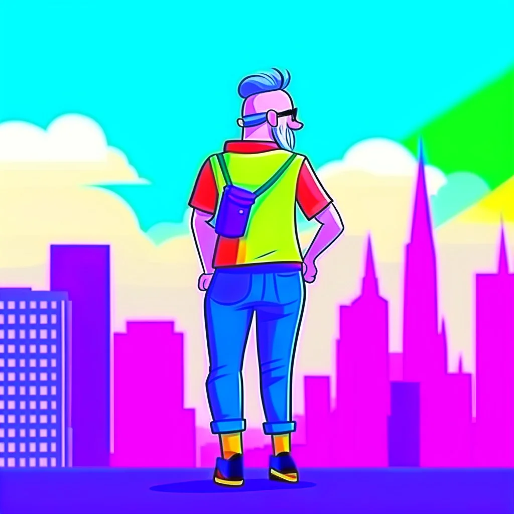 old school cartoon style character gay man wearing pride flag clothing nice background city view