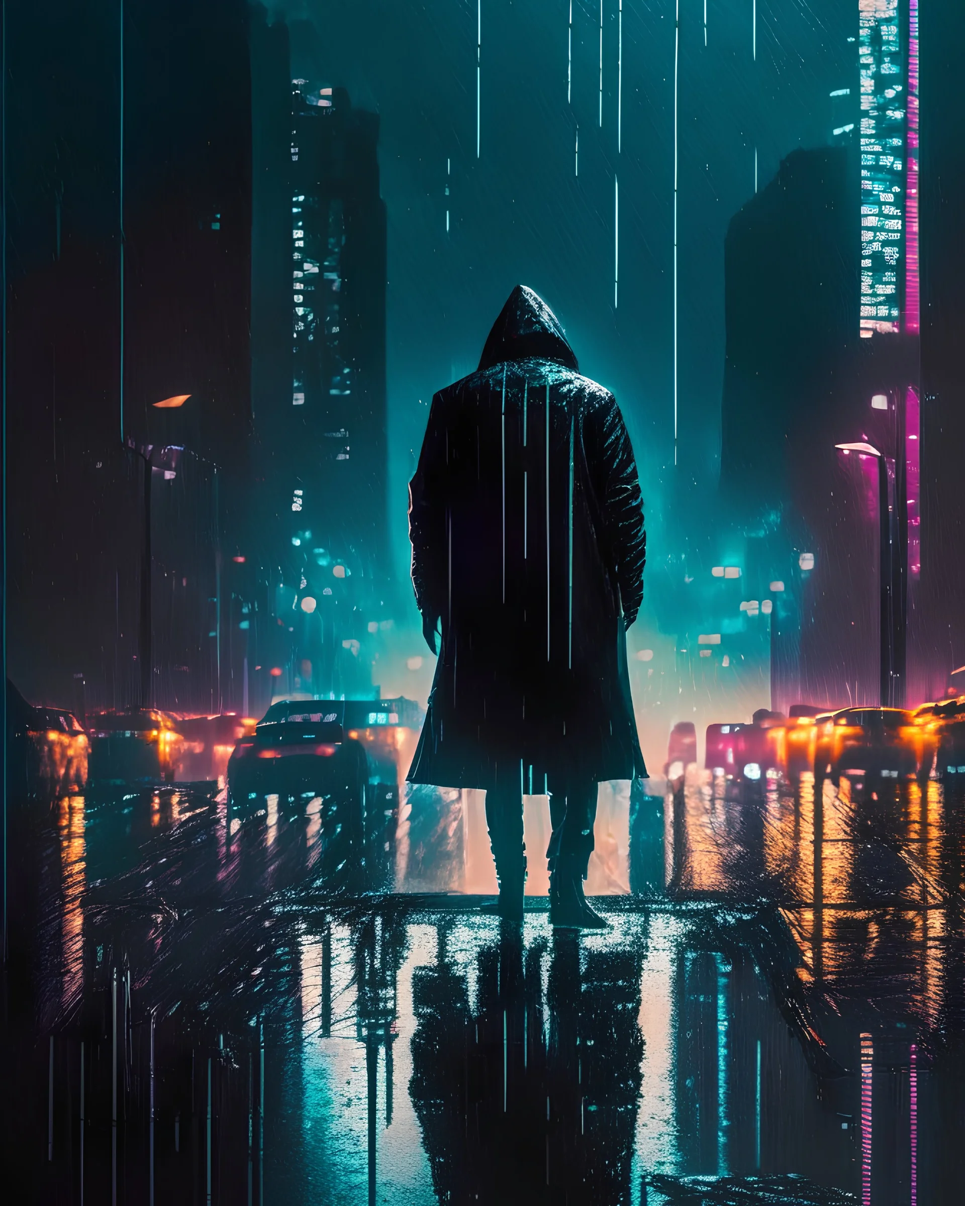 A striking and dramatic image of a lone figure standing in the rain, with a city skyline in the background and neon lights reflecting off the wet pavement, casting deep shadows and highlighting the figure's silhouette.