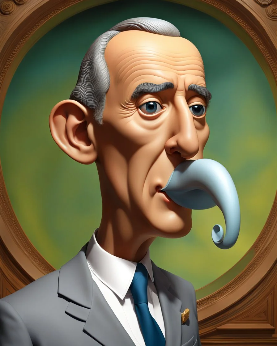 Caricatura 3D de Álvaro Uribe Vélez con una nariz cómicamente (((muy grande)))... pintura surrealista. 3/4. Colores blanco, rojo y negro