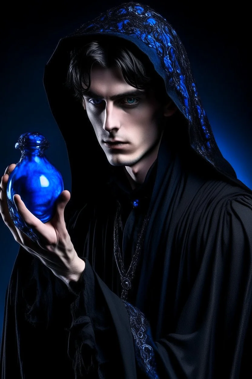 black hair, blue eyes,19year old, male, wearing black robes, alchemist, holding a flask full of blue liquid,wearing crumpled black pointed hat, in the style of Harry Clarke