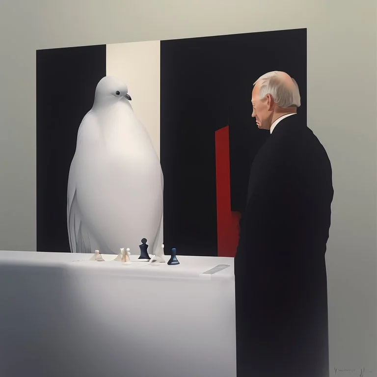 Putin, President Xi Of China And Joe Biden Play Chess With A Pigeon,Ufo And Atomic Bomb Mushroom Cloud,Complex Surgical Instruments Intermixed With A Newborn Boy,Minimalism,Painting By Adrian Ghenie,Rene Magritte,Pablo Picasso,Michelangelo,Salvador Dali,Lucian Freud