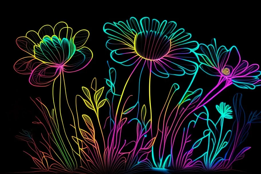 black background, outlines of a holographic flower garden drawn from thin neon-coloured glowing lines